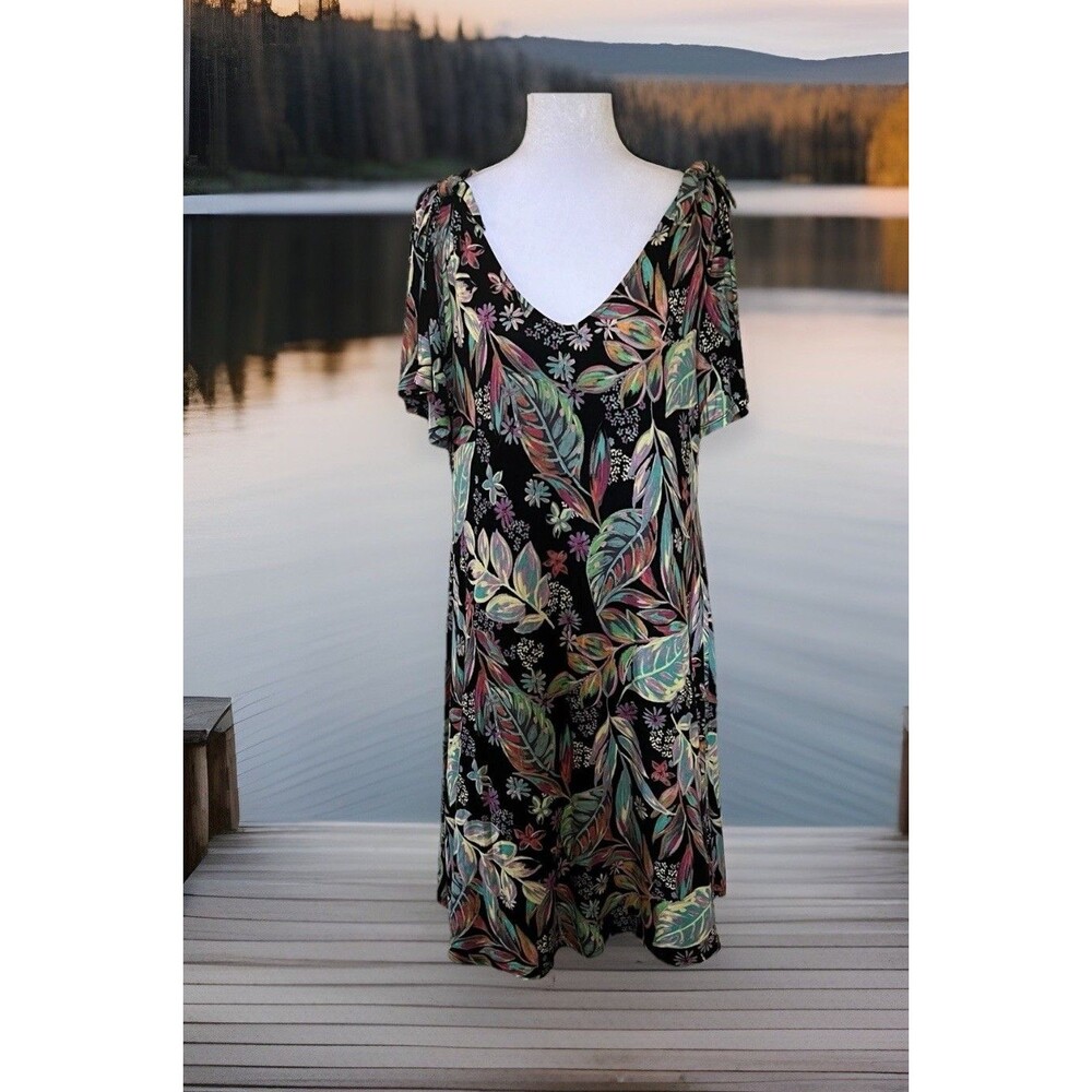Spense Floral Stretch Viscose V-Neck Cold Shoulder Tie Sleeve Shift Dress L/G